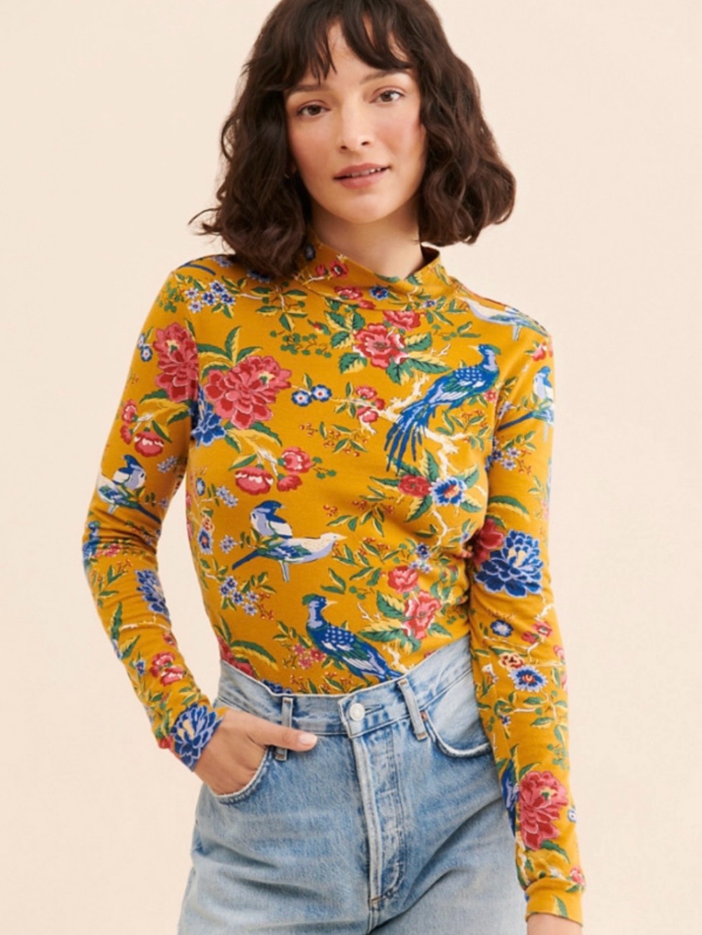 Maeve Mustard Floral & Bird Mock-Neck Long Sleeve Top